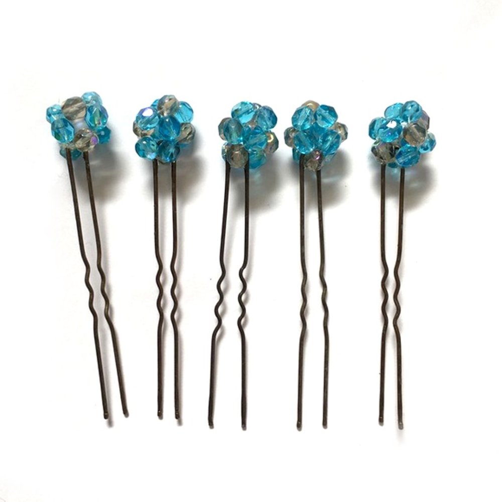 Vintage Bobby Pins Blue Glass Beads Hair Decor